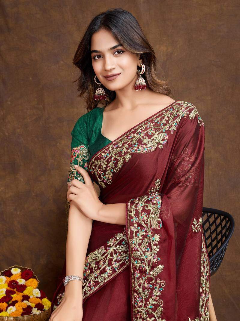 Maroon Saree With Embroidered Border & Green Blouse