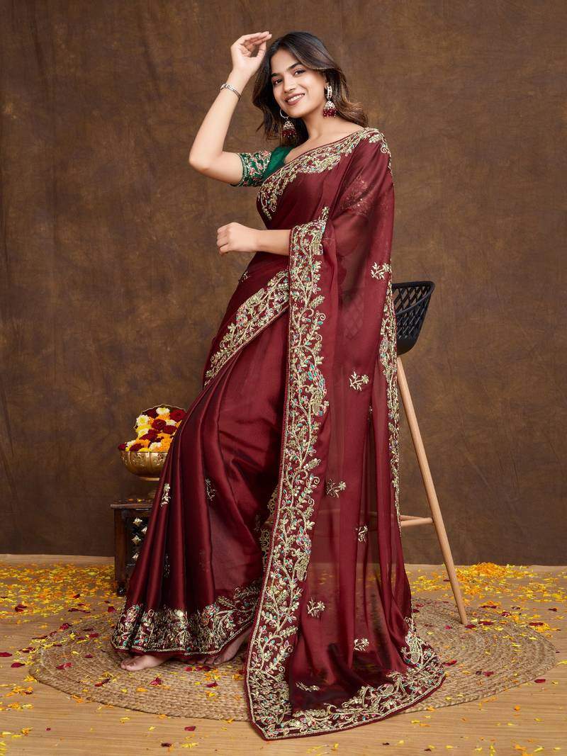 Maroon Saree With Embroidered Border & Green Blouse