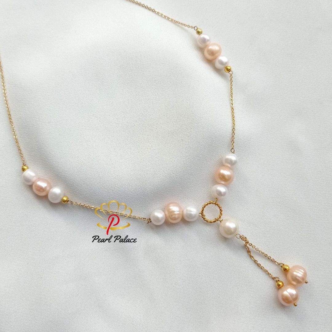 14k Gold plated Necklace with Light Pink and White Freshwater Pearls