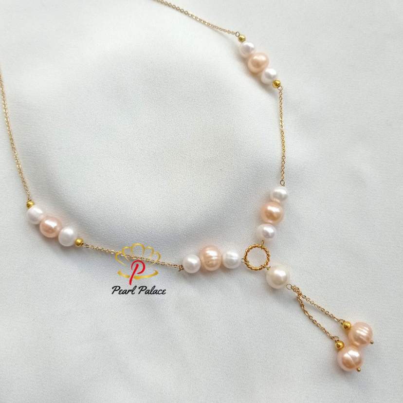 14k Gold plated Necklace with Light Pink and White Freshwater Pearls — 2