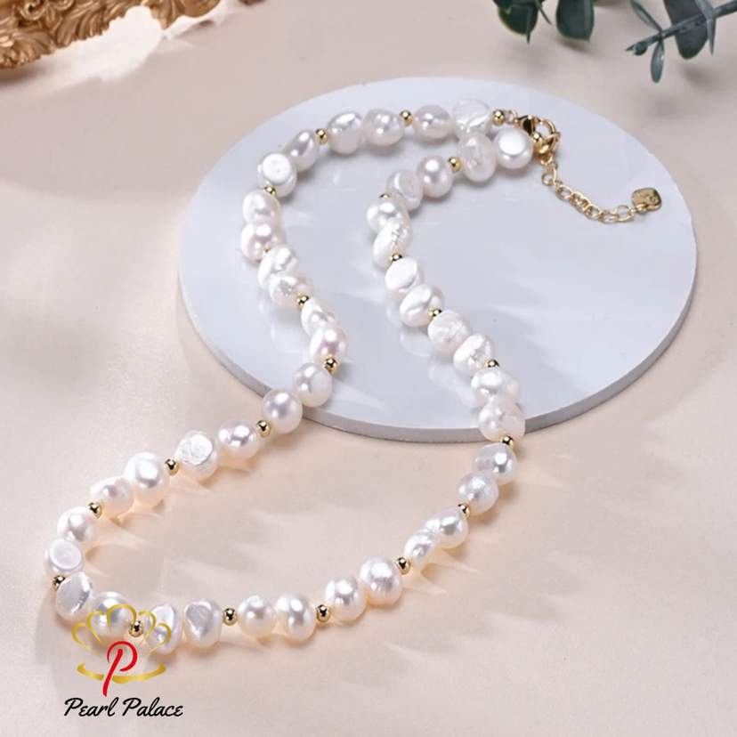 Baroque Freshwater 8-9mm White Pearl With Small Gold Bead Necklace 925 Sterling Silver Jewelry — 2