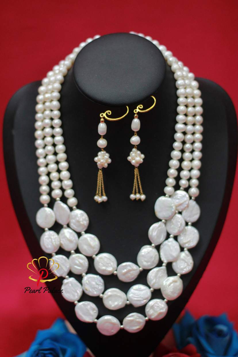Coin Pearl & Freshwater Pearl Necklace with Earring Set – Layer 3 — 2