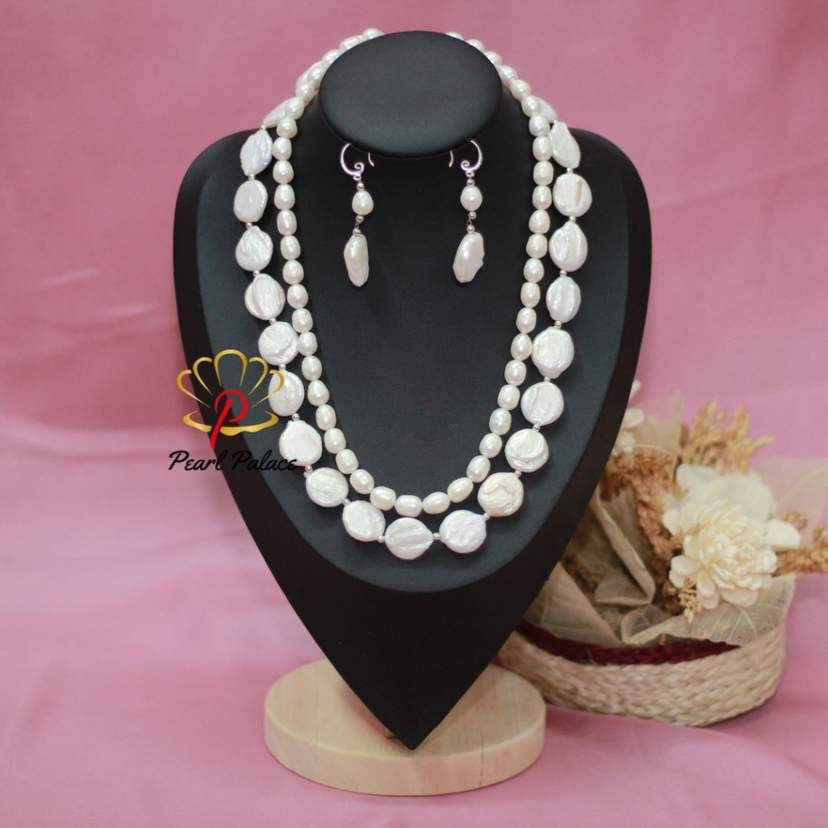 Elegant White Rice & Coin Pearl Necklace Set — 2