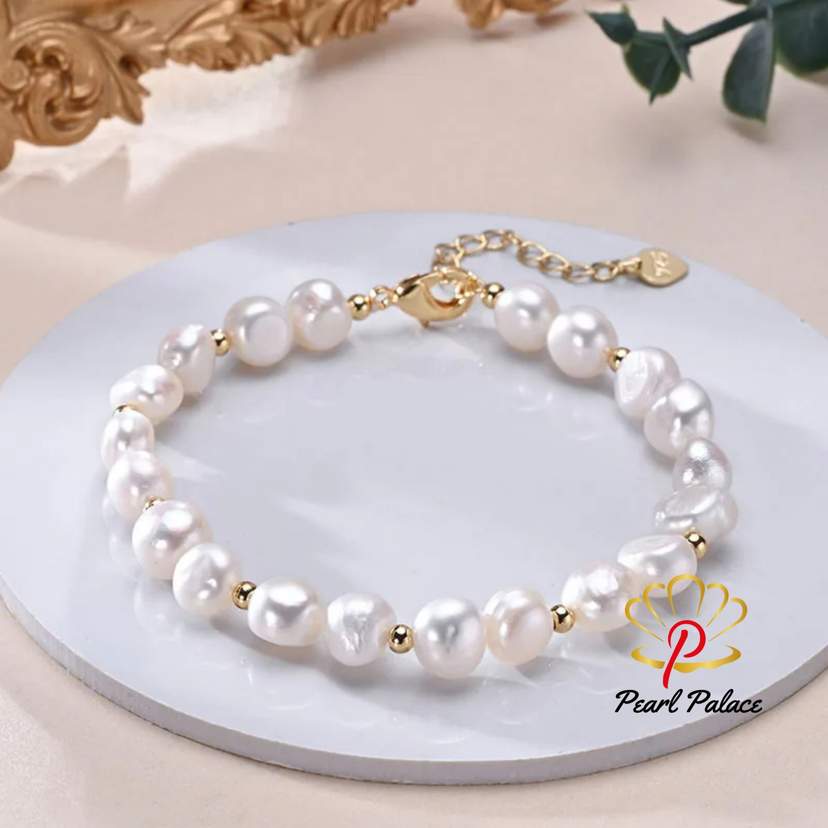 Freshwater 8-9mm White Pearl Baroque With Small Gold Bead Bracelet 925 Sterling Silver Jewelry — 2