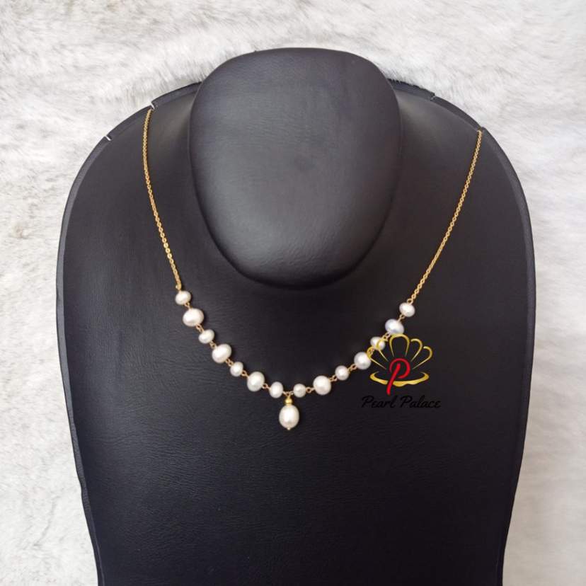 Gold Chain Necklace with White Freshwater Pearls — 2