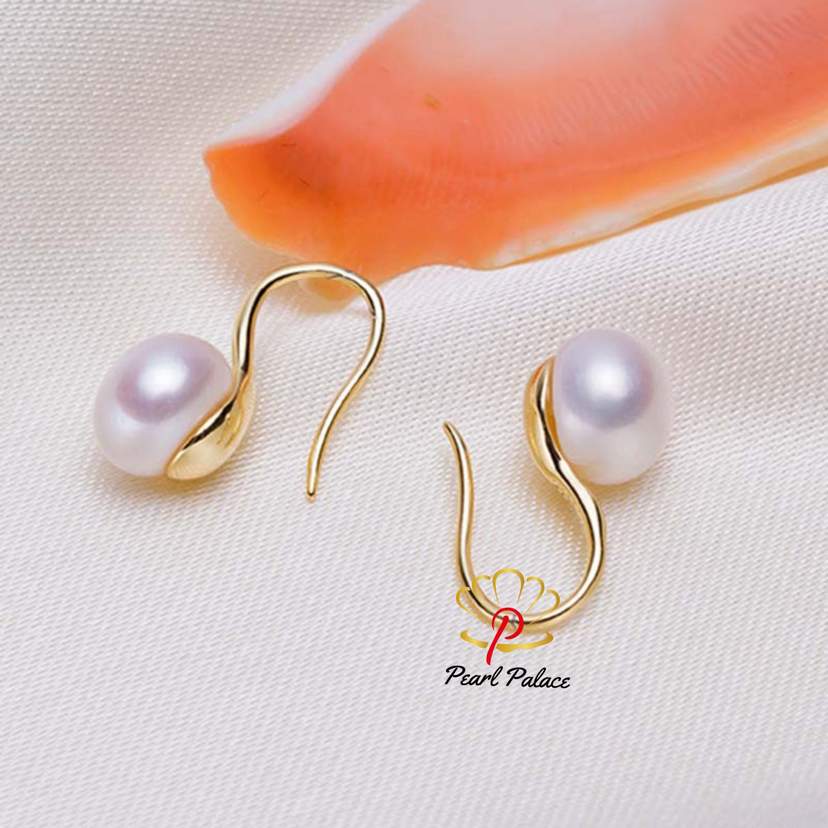white 9-10mm Large natural freshwater pearl earrings for women, 925 silver jewelry — 2