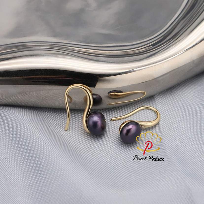 Black 9-10mm Large natural freshwater pearl earrings for women, 925 silver jewelry. — 2