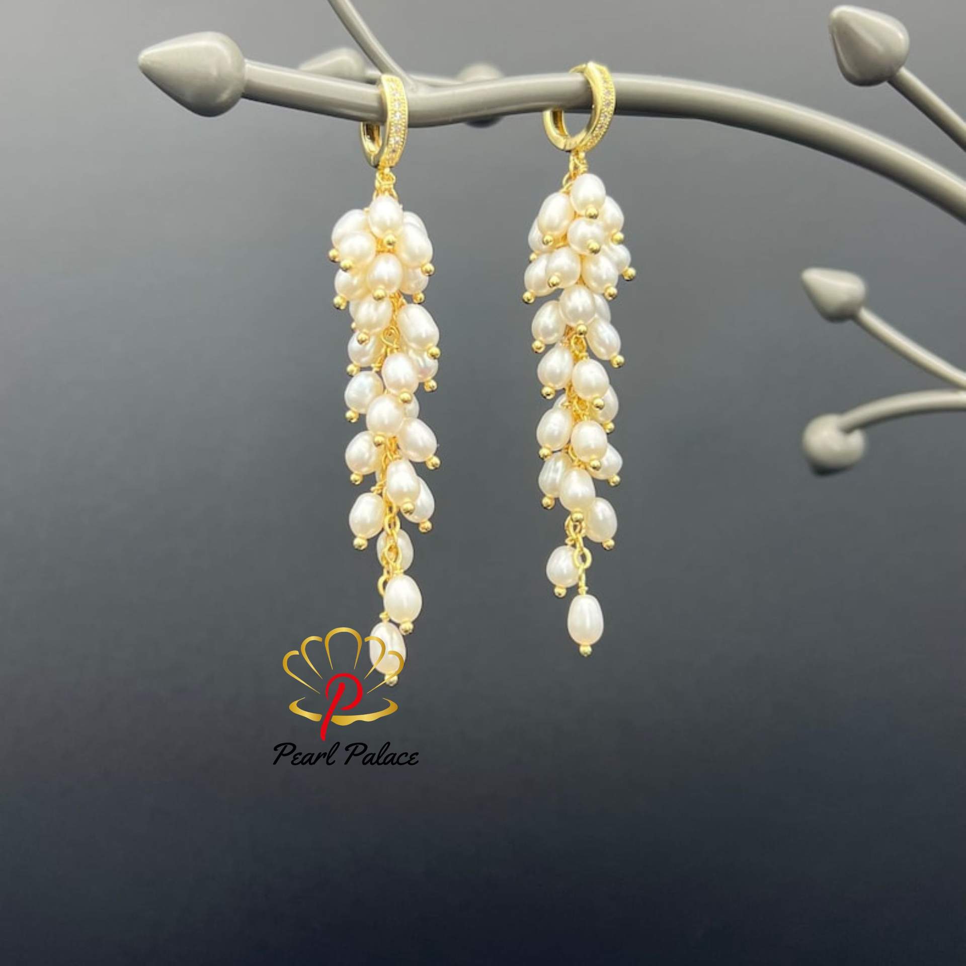 Gold-Plated Cluster Earrings with Natural White Freshwater Pearls
