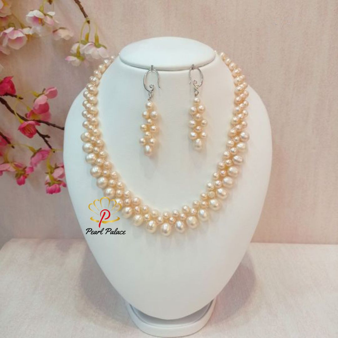 "Blossom Lattice" Pink Freshwater Pearl Necklace Set.