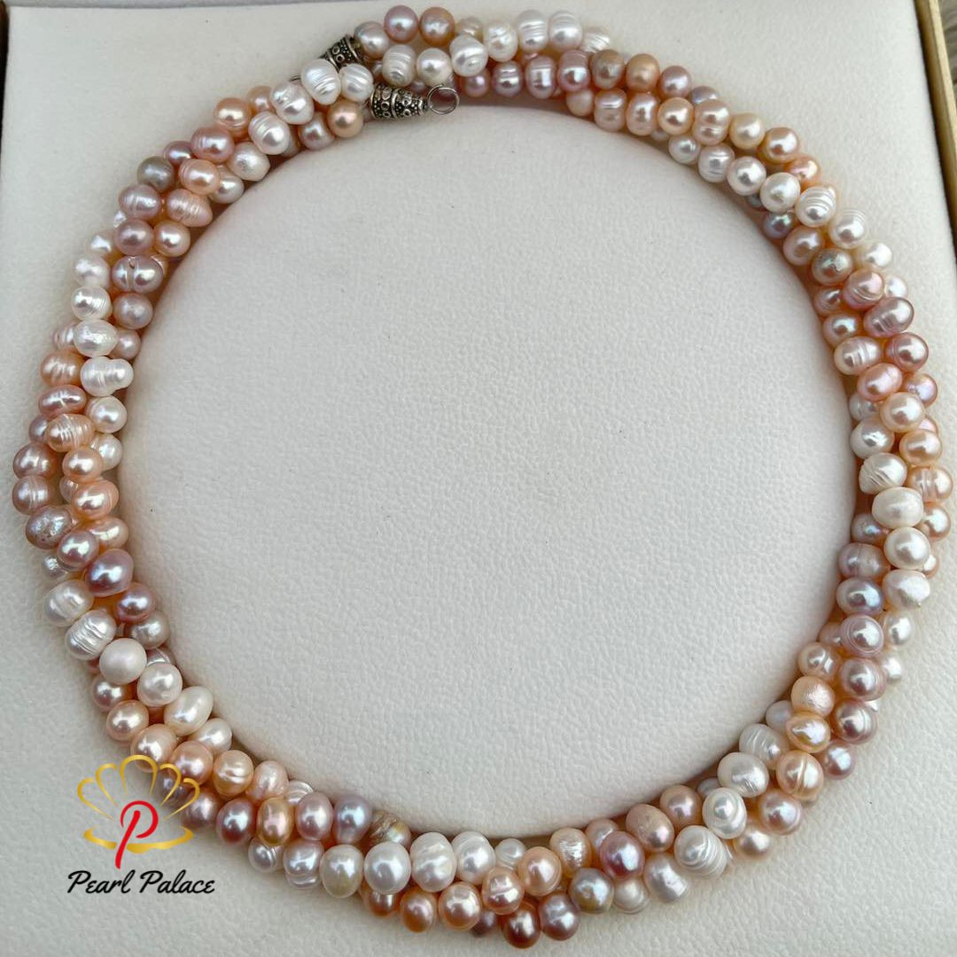 Pastel Harmony_ 3 Layer Baroque Pearl Twist Necklace