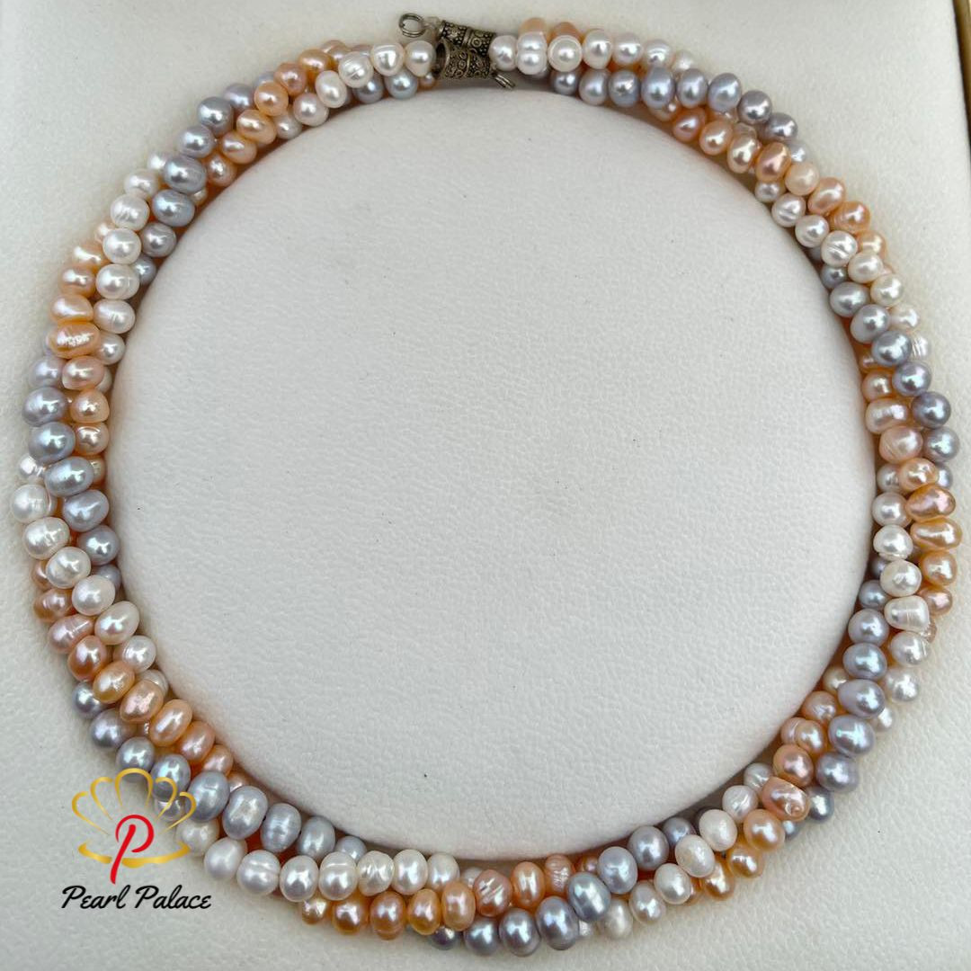 Silvered Sunset_ 3 Layer Pearl Twist Necklace