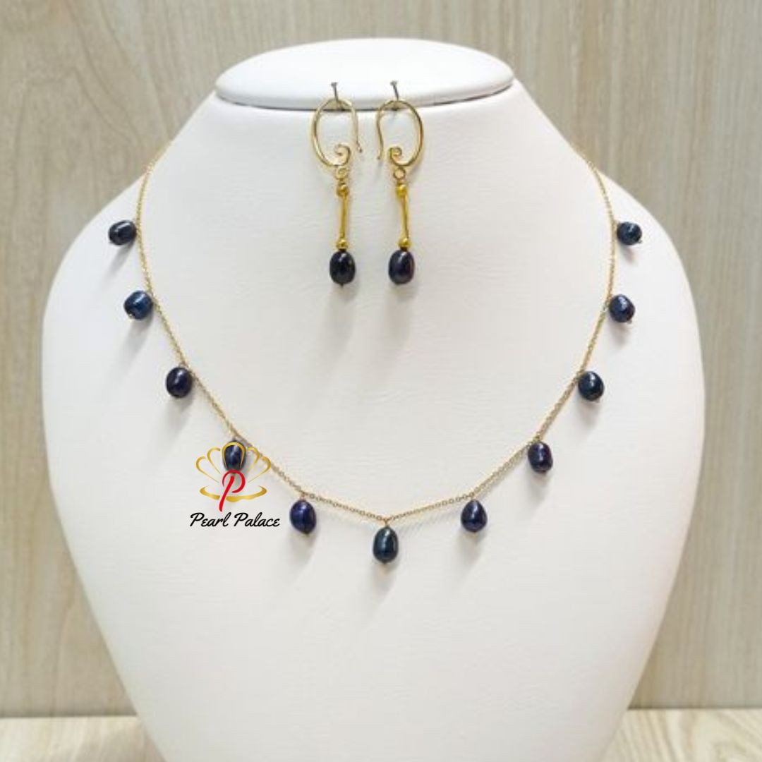 18K Gold Plated Handmade Black Pearl Chain Link Necklace with Earrings