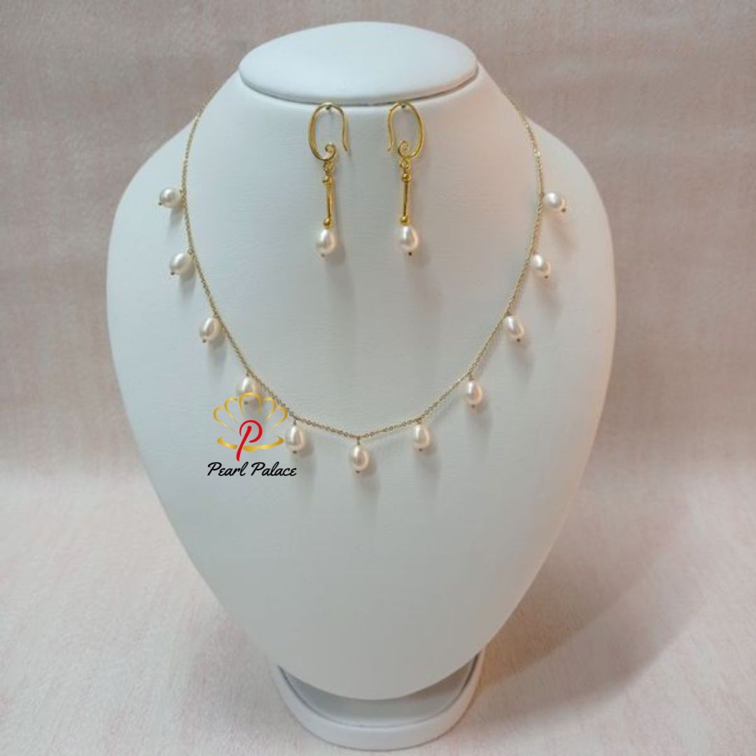 18K Gold Plated Handmade White Pearl Chain Link Necklace with Earrings