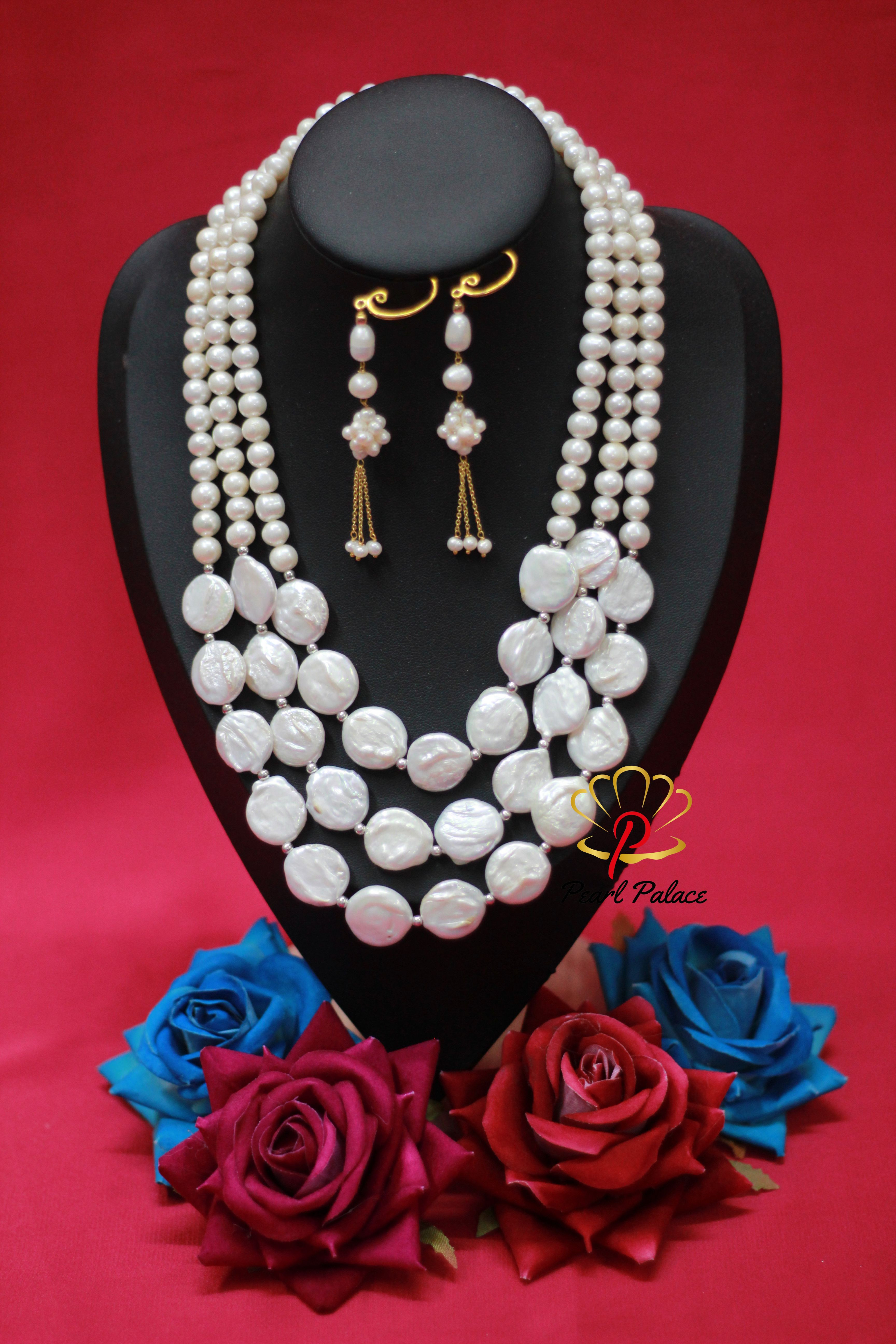 Coin Pearl & Freshwater Pearl Necklace with Earring Set – Layer 3