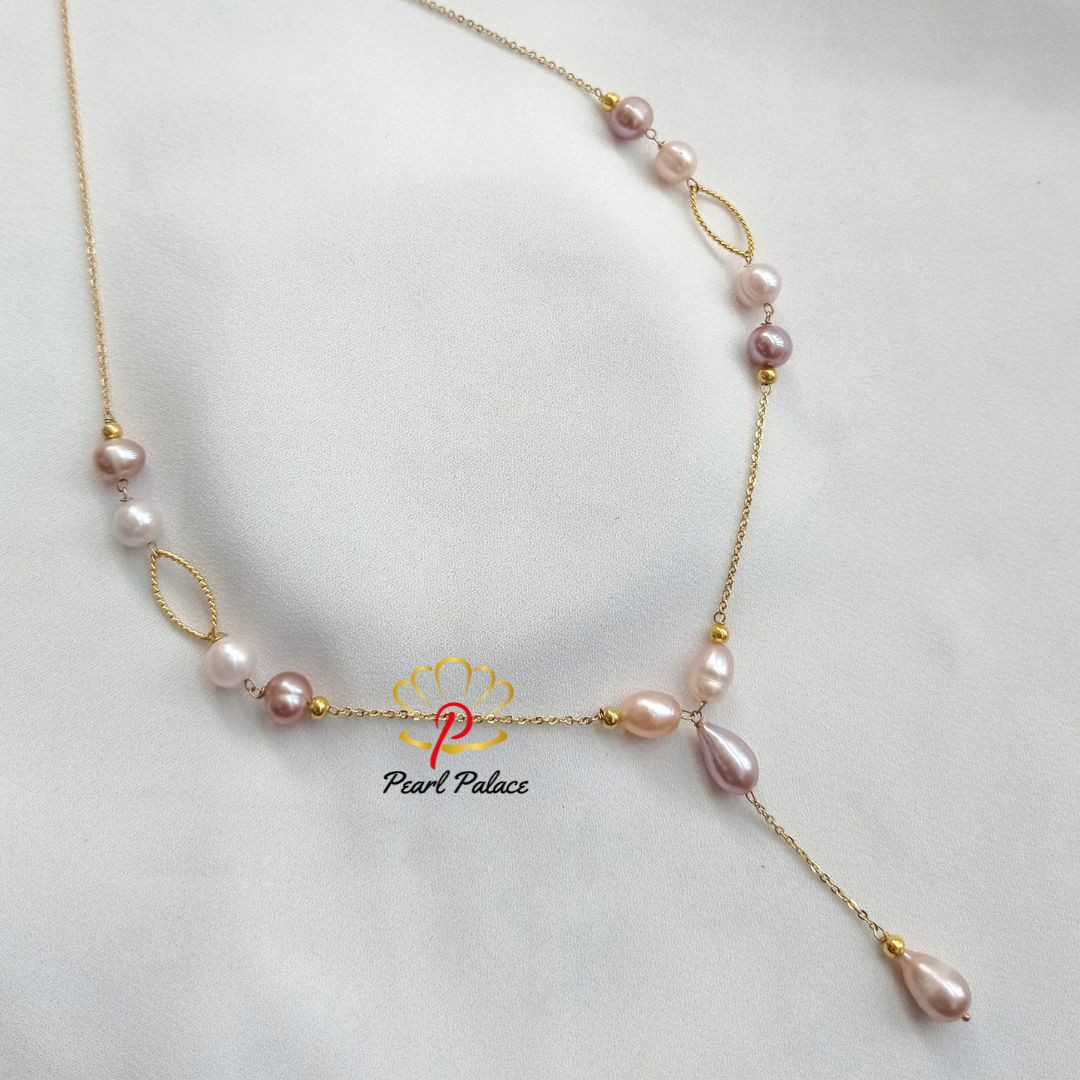 Gold Plated Chain Necklace with Light Pink and White Freshwater Pearls and Gold Accents