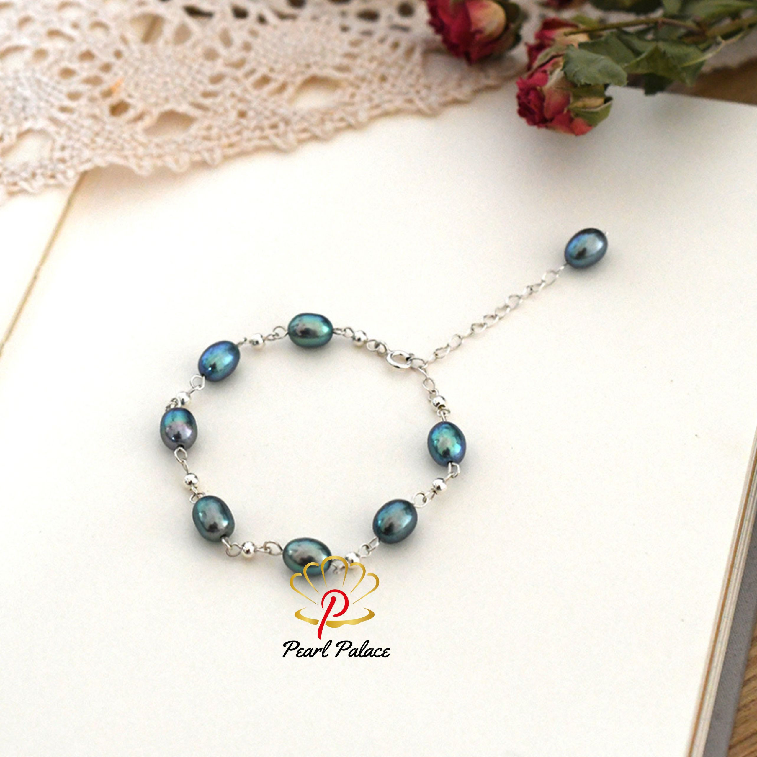 Blue Natural freshwater pearl bracelet 925 Sterling silver beads handmade Jewelry for Women