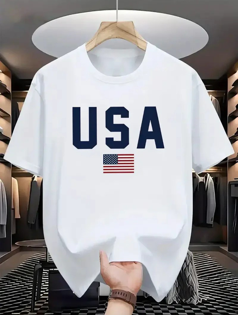 Drop Shoulder Print T-Shirt - USA - White