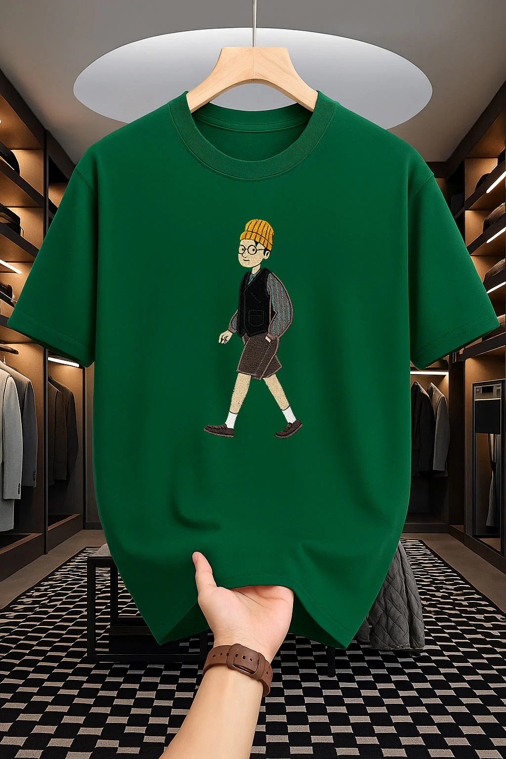 Drop Shoulder Print T-Shirt - Man with Hat Design