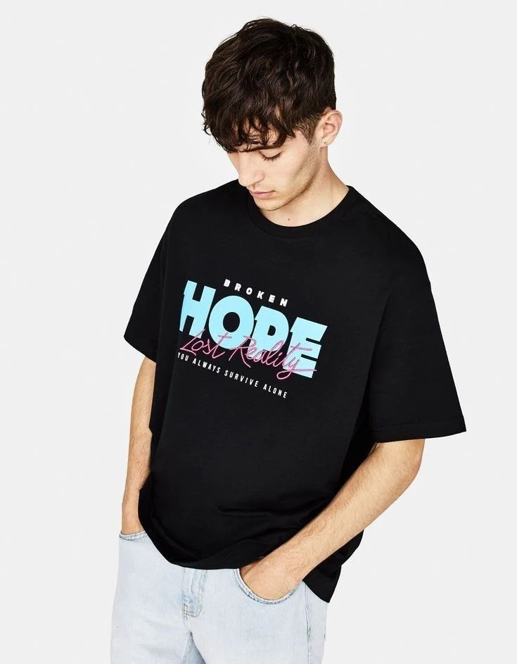 Drop Shoulder Print T-Shirt - Hope - Black